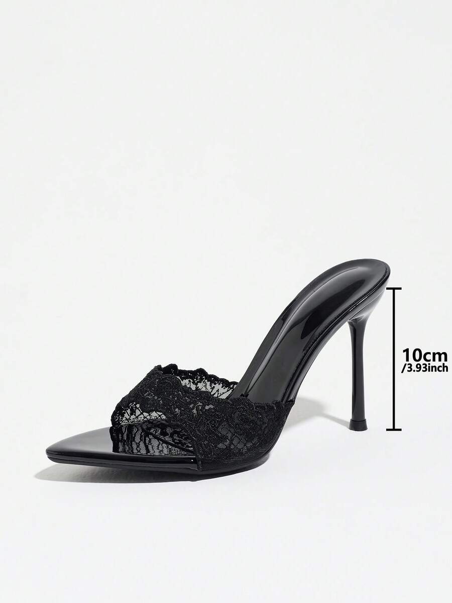 Women's open toe stiletto high heel mule shoes in smooth PU leather with slip-on strap design.
