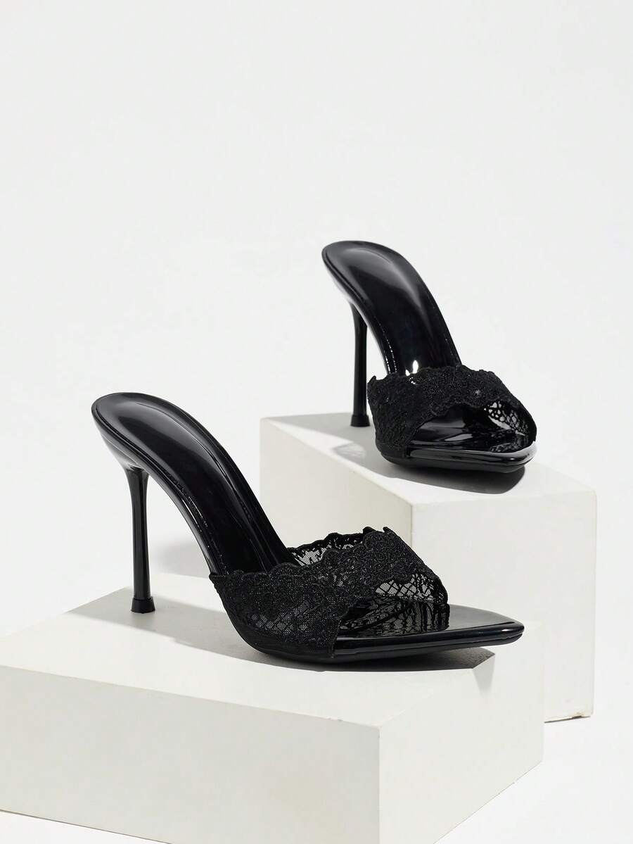 Women's open toe stiletto high heel mule shoes in smooth PU leather with slip-on strap design.