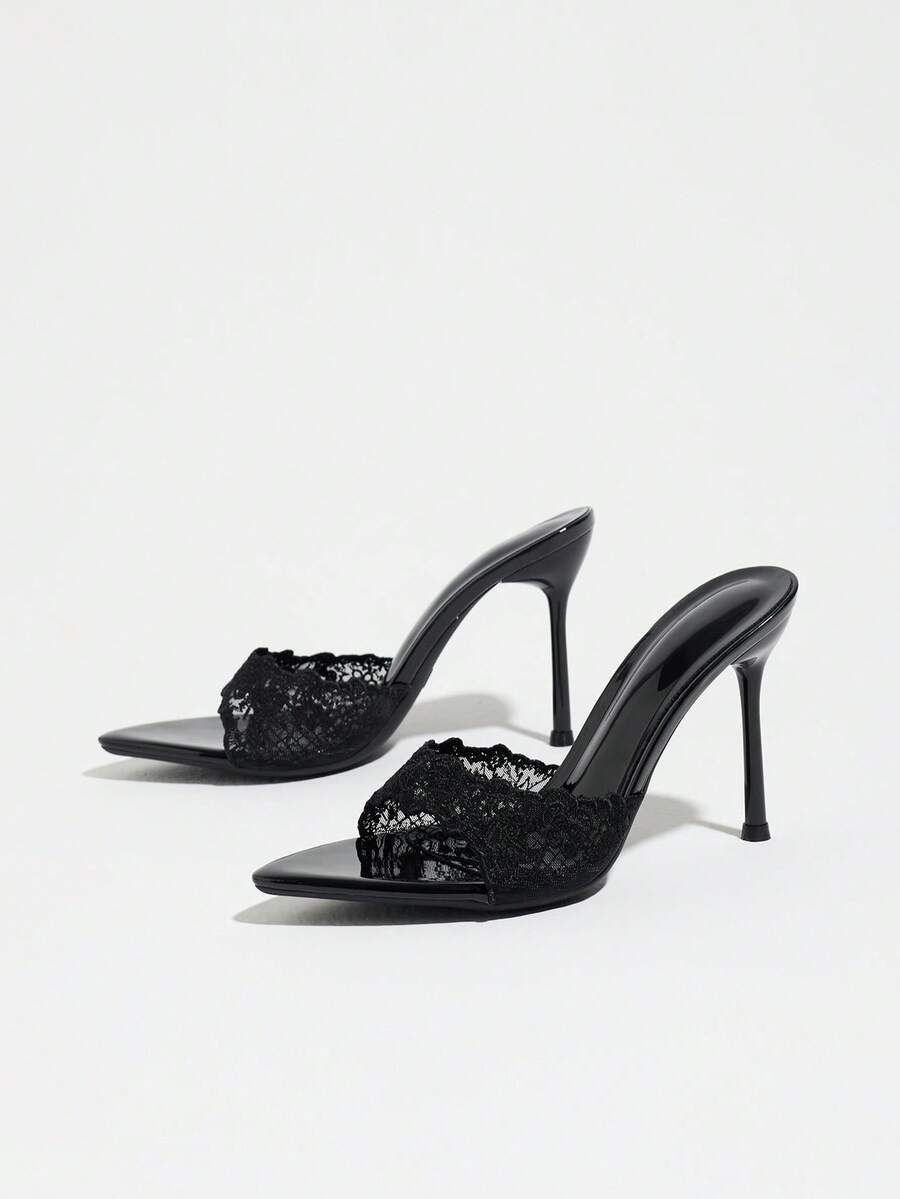 Women's open toe stiletto high heel mule shoes in smooth PU leather with slip-on strap design.
