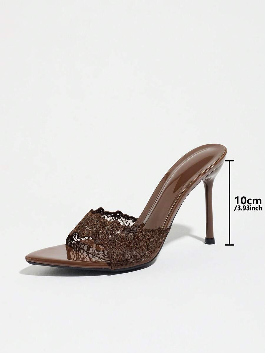 Women's open toe stiletto high heel mule shoes in smooth PU leather with slip-on strap design.