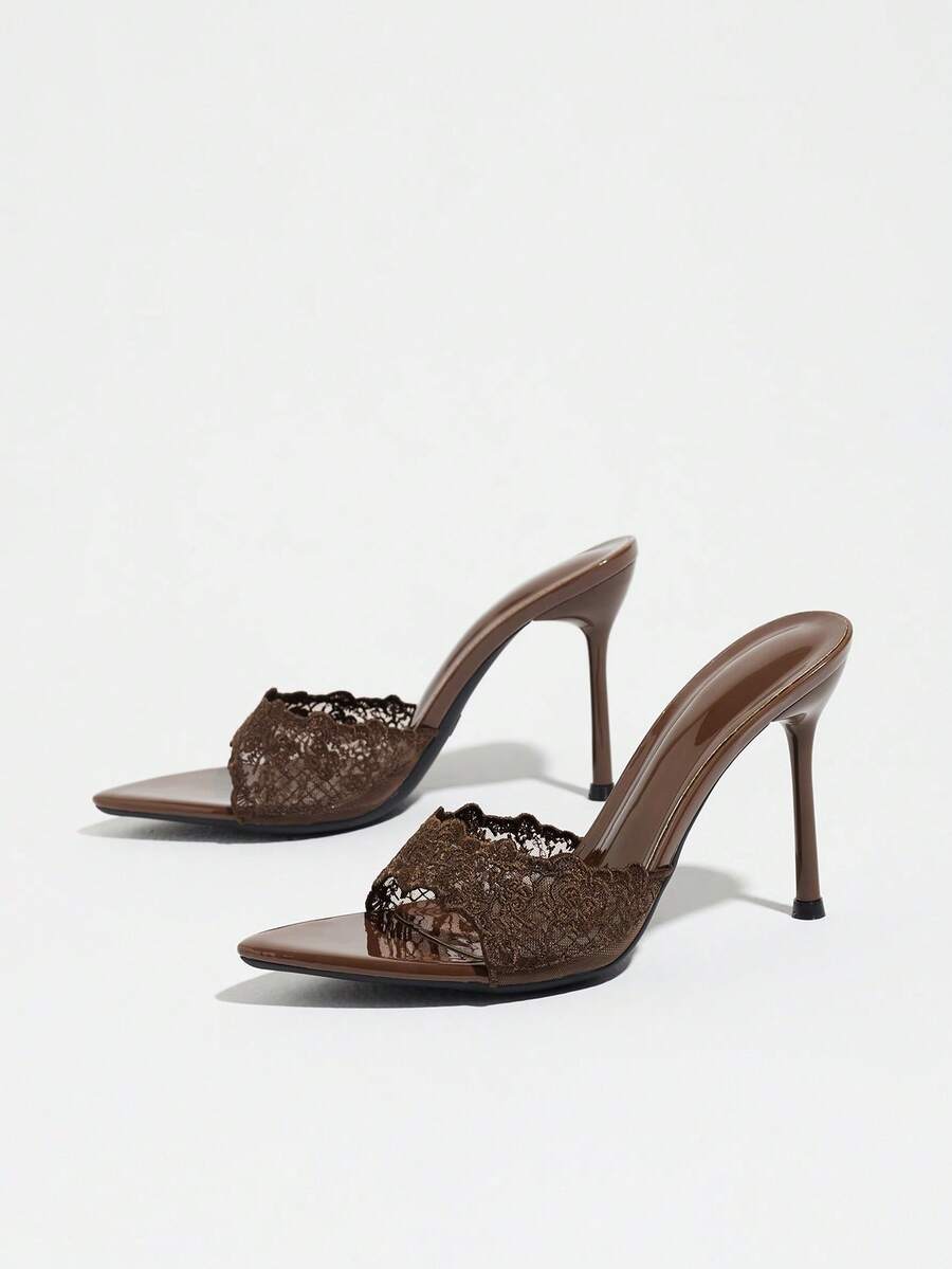 Women's open toe stiletto high heel mule shoes in smooth PU leather with slip-on strap design.