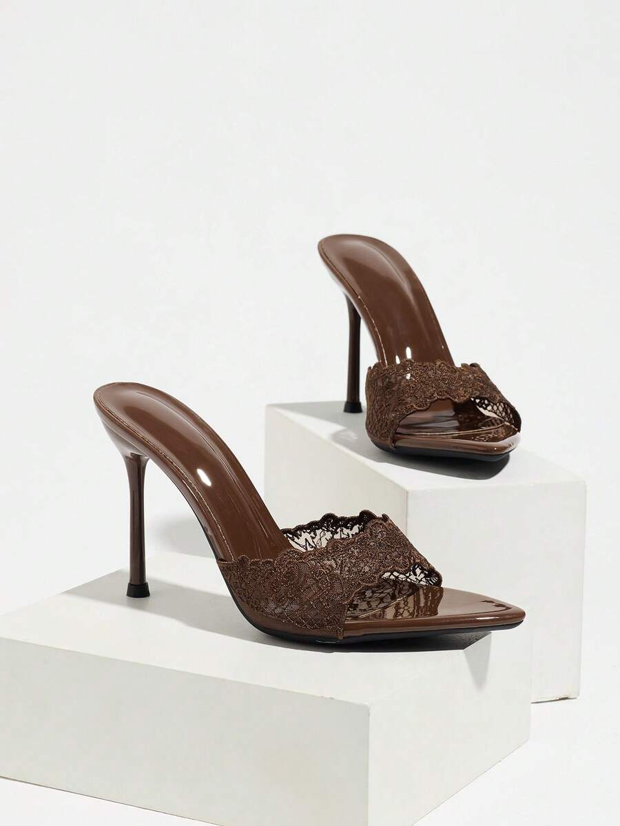 Women's open toe stiletto high heel mule shoes in smooth PU leather with slip-on strap design.