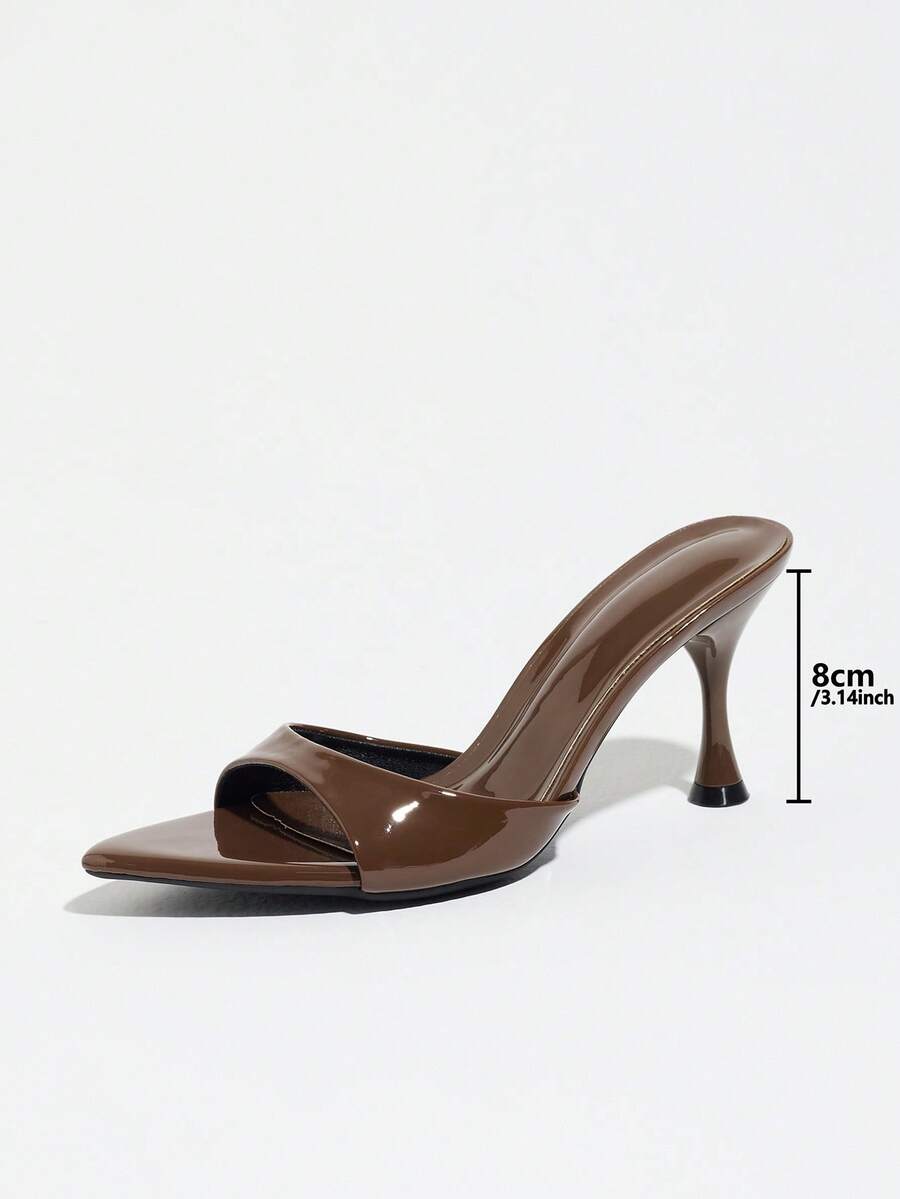 Women's open pointed toe stiletto mule high heel sandals featuring a glossy slip-on design.