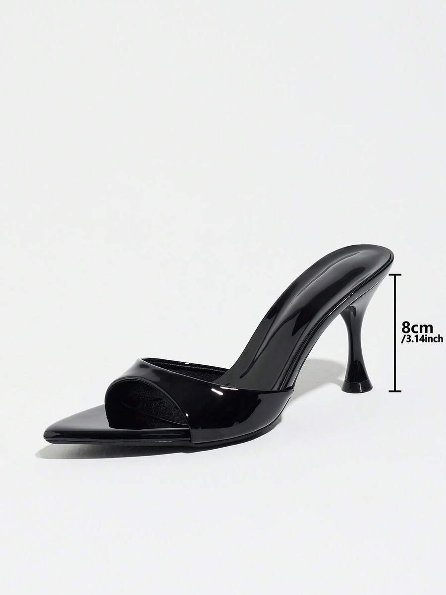 Women's open pointed toe stiletto mule high heel sandals featuring a glossy slip-on design.