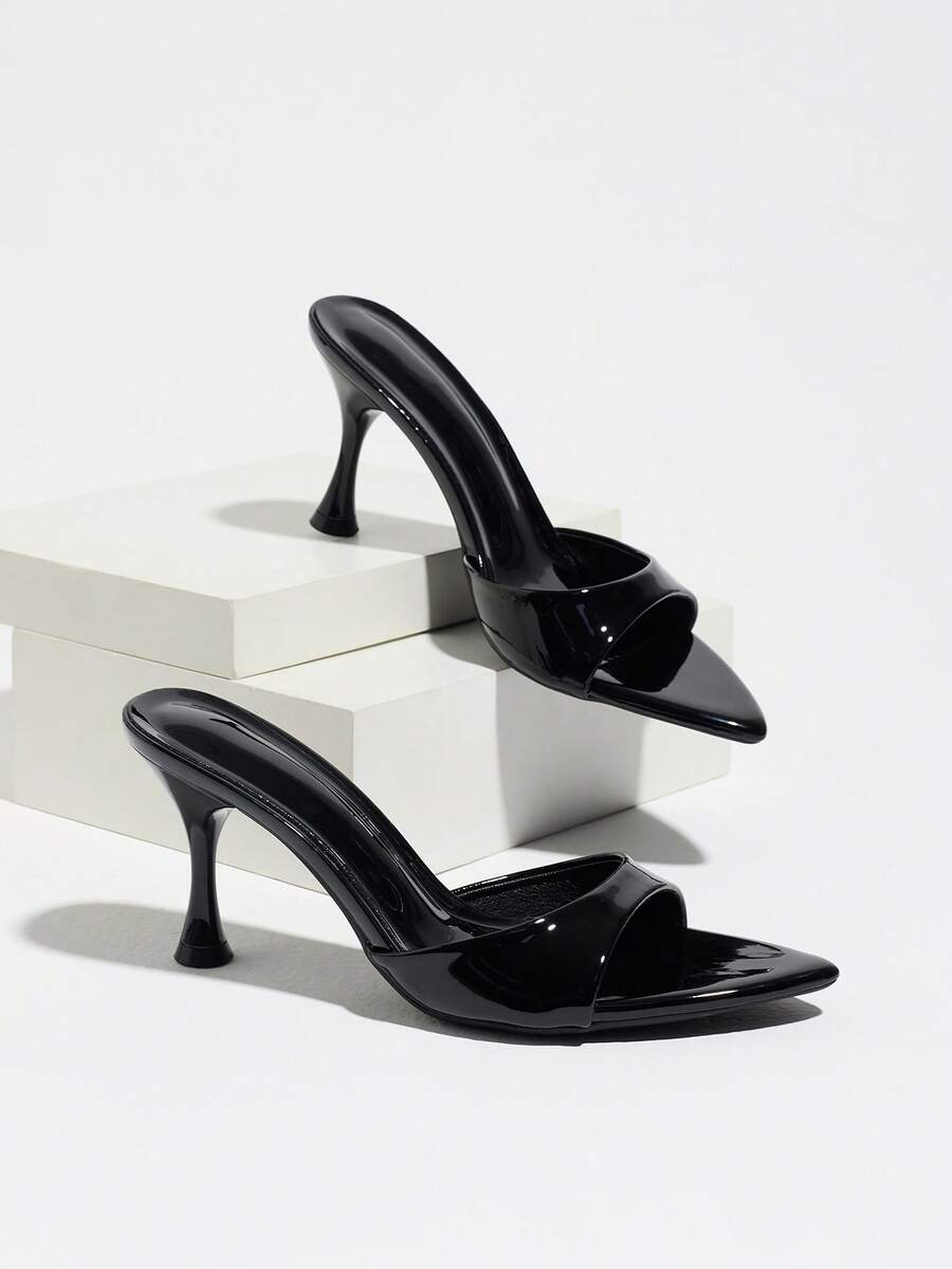 Women's open pointed toe stiletto mule high heel sandals featuring a glossy slip-on design.