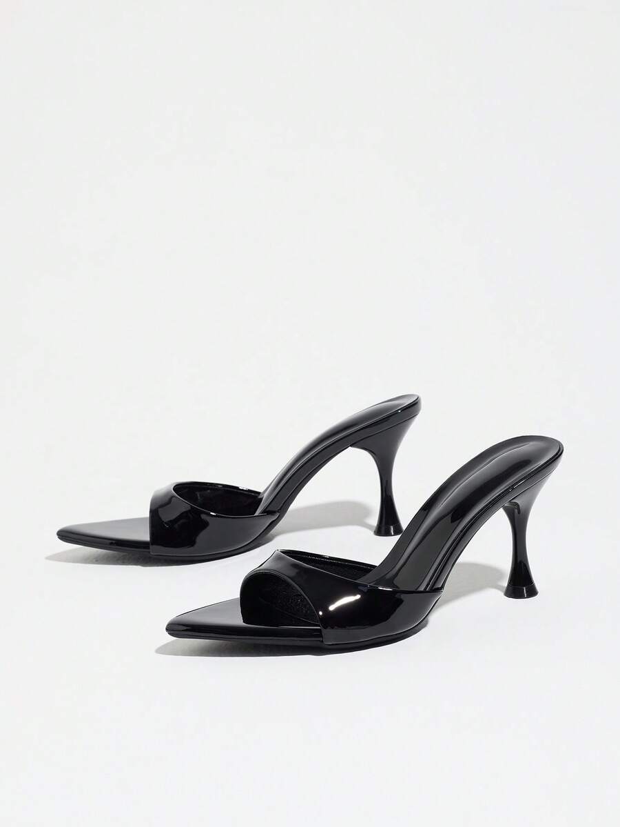 Women's open pointed toe stiletto mule high heel sandals featuring a glossy slip-on design.