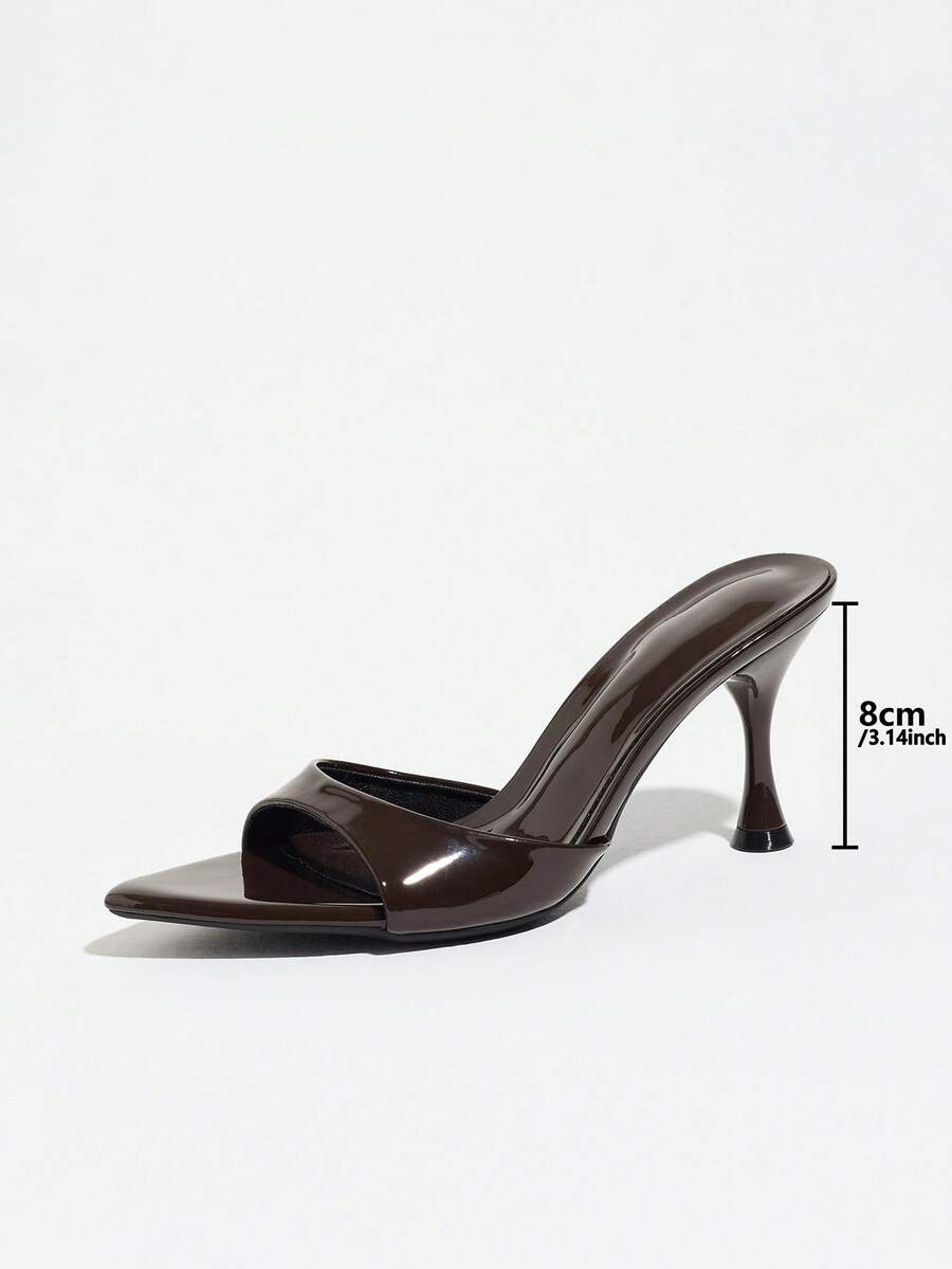 Women's open pointed toe stiletto mule high heel sandals featuring a glossy slip-on design.