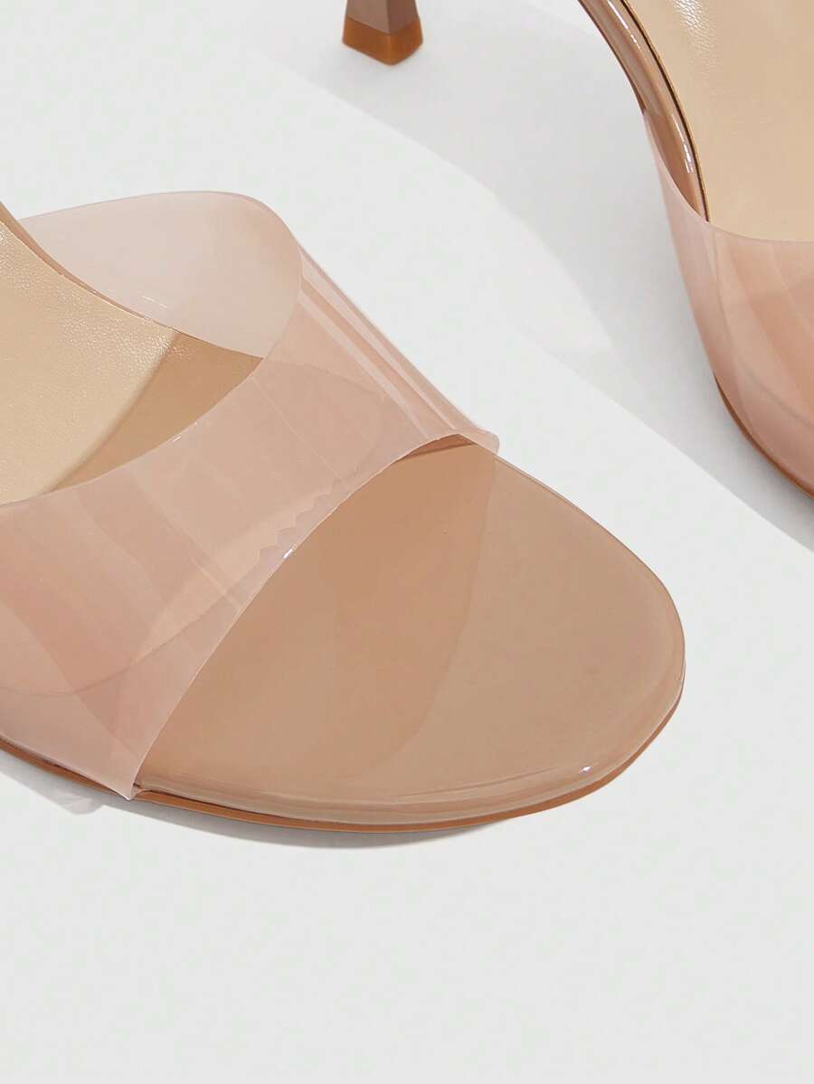 Square toe thin high heel slippers for women featuring an open toe design, stiletto heel, and buckle strap accent.