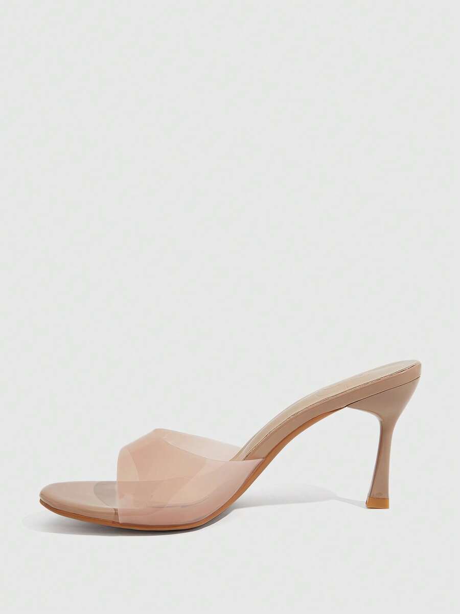 Square toe thin high heel slippers for women featuring an open toe design, stiletto heel, and buckle strap accent.
