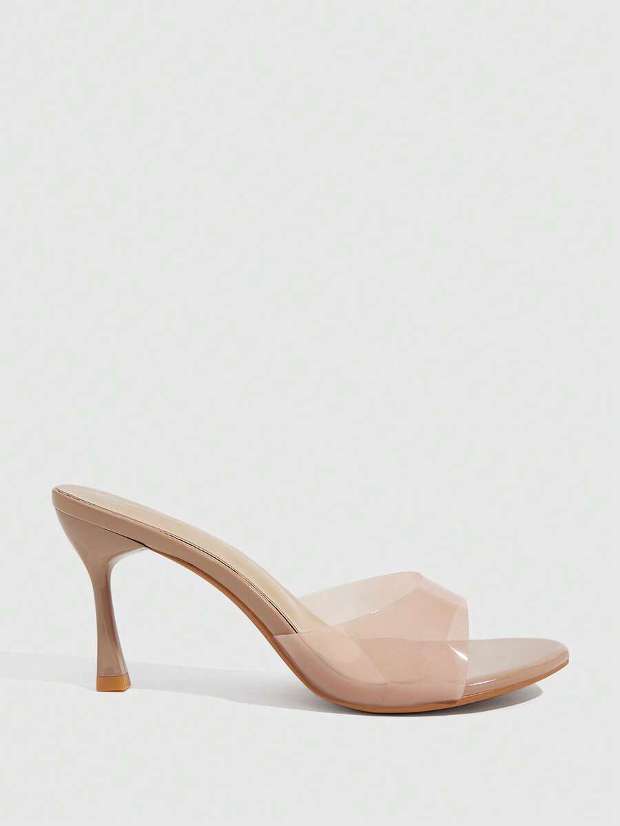 Square toe thin high heel slippers for women featuring an open toe design, stiletto heel, and buckle strap accent.