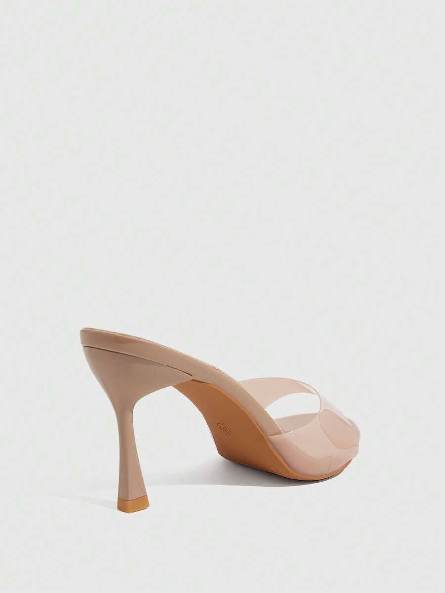 Square toe thin high heel slippers for women featuring an open toe design, stiletto heel, and buckle strap accent.