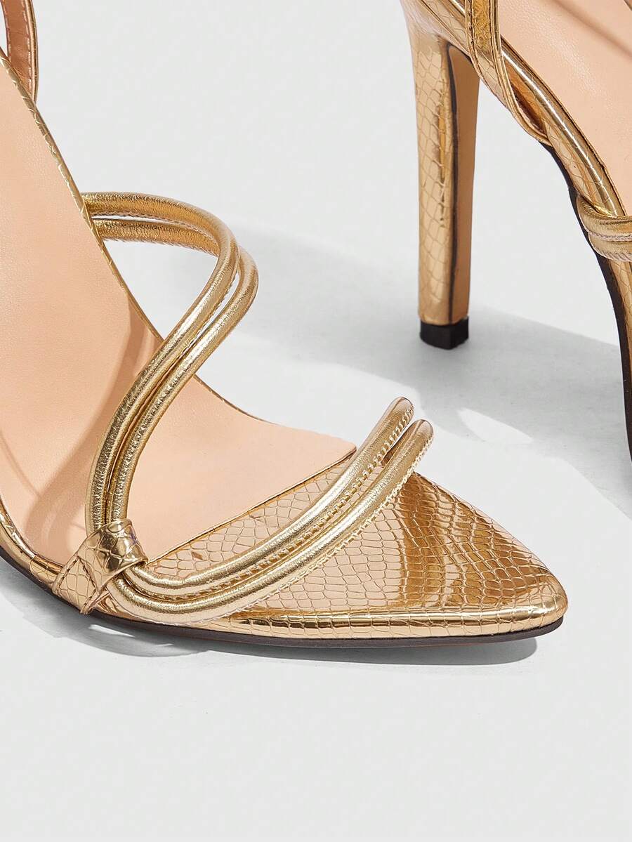 Snake pattern open toe high heel sandals with thin stiletto heel and buckle ankle strap for women.