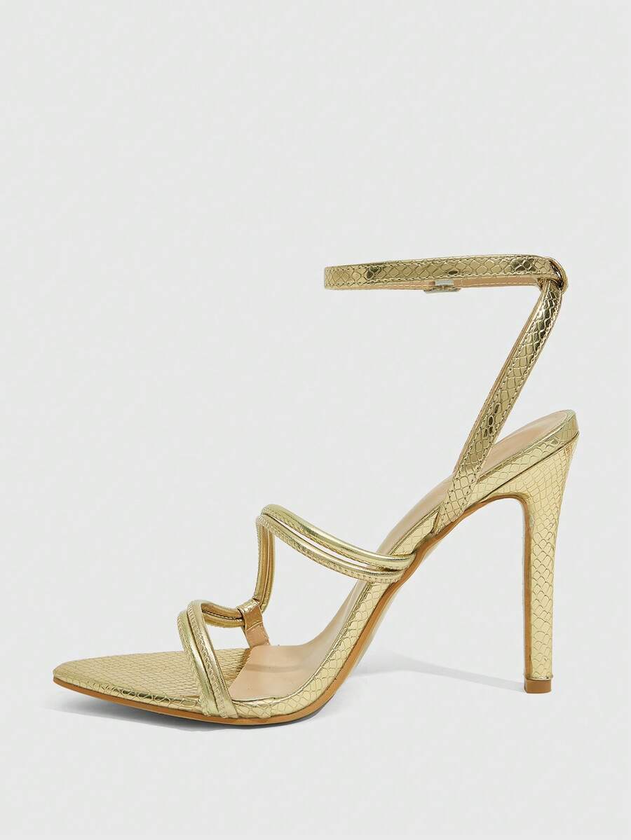 Snake pattern open toe high heel sandals with thin stiletto heel and buckle ankle strap for women.