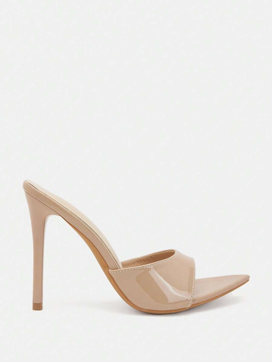 Pair of pointed toe stiletto heel mule sandals with a glossy finish and electroplated thin high heel for wedding and evening party events.