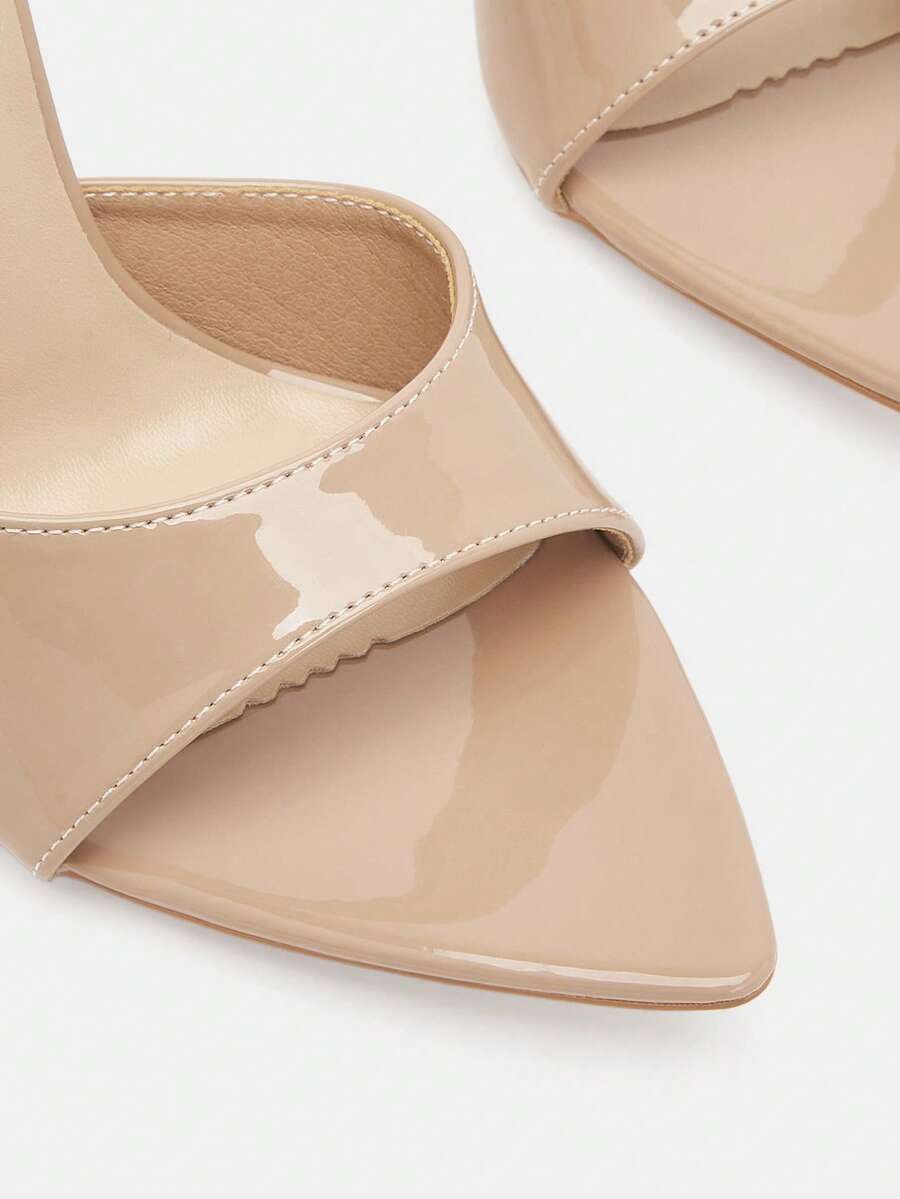 Pair of pointed toe stiletto heel mule sandals with a glossy finish and electroplated thin high heel for wedding and evening party events.