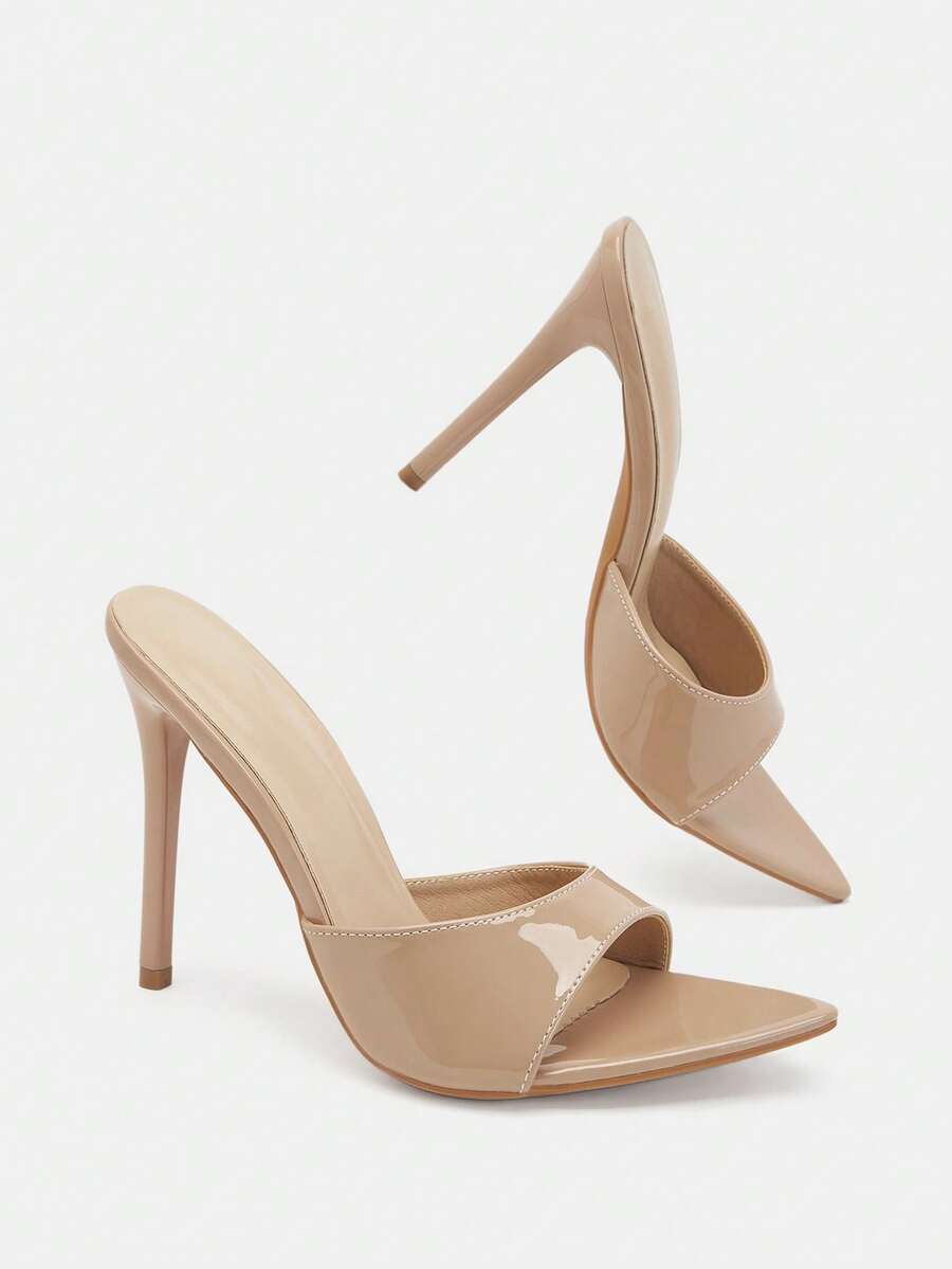Pair of pointed toe stiletto heel mule sandals with a glossy finish and electroplated thin high heel for wedding and evening party events.