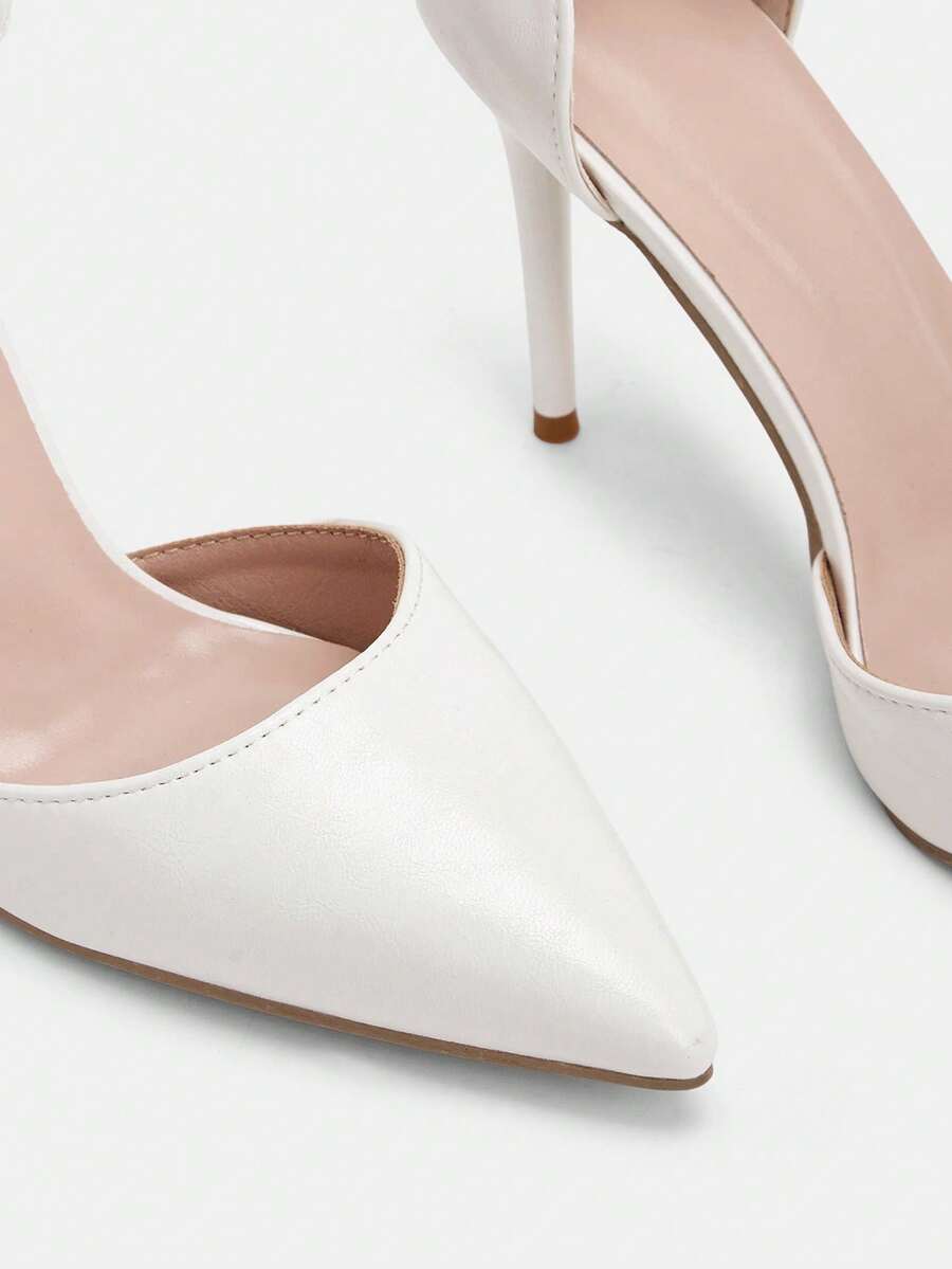 Women's pointed toe stiletto high heels featuring an ankle strap with buckle closure in sleek PU leather.
