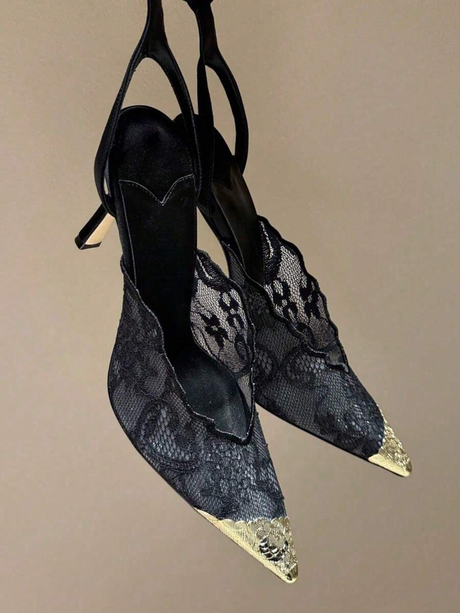 Lace pointed toe stiletto heel sandal pumps featuring mesh detailing, high slender heels, and an adjustable ankle buckle strap.