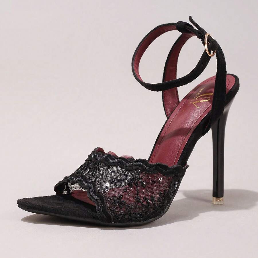 Lace stiletto high heel sandals with pointed open toe, ankle strap buckle, and bow detail