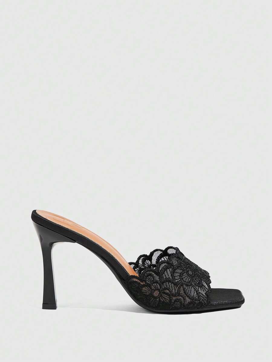 Women's square toe stiletto high heel slide sandals featuring contrast mesh embroidery and an open-toe backless design.