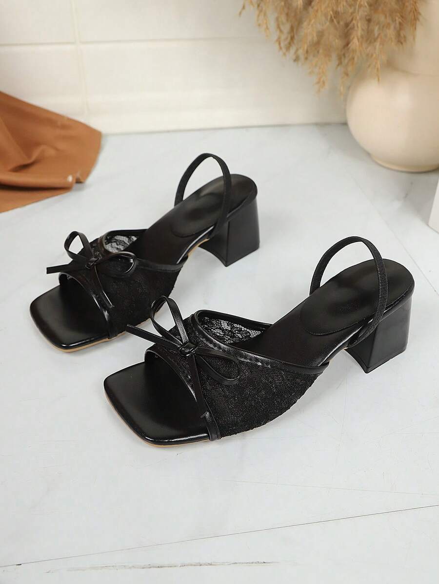 Square toe thin heel thong sandals for women featuring an open toe, bowknot detail, and slip-on slingback design.