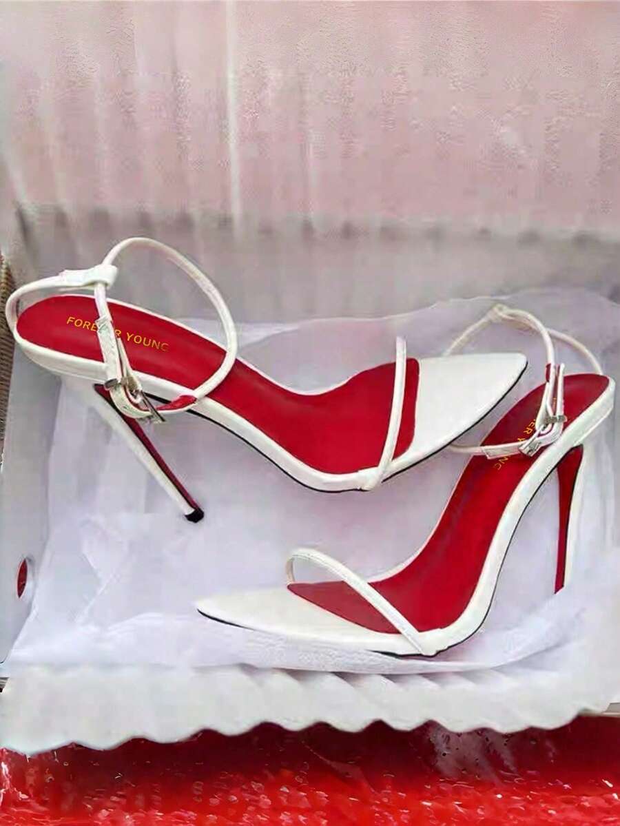 Women's high stiletto heel strap sandals featuring a sleek 12cm thin metal heel and PU leather buckle straps.
