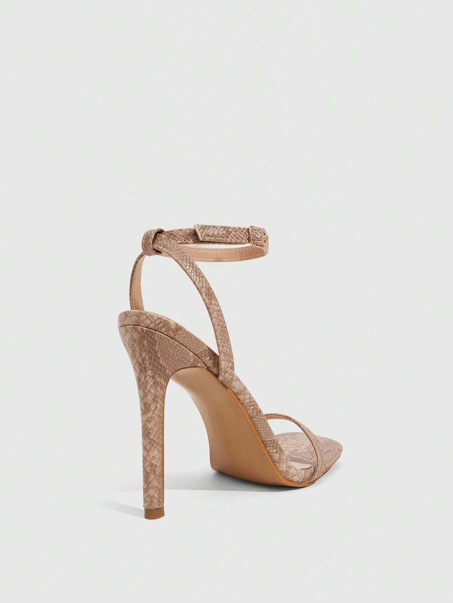 Elegant women's open toe strappy heeled sandals with stiletto high heel and ankle strap buckle closure.