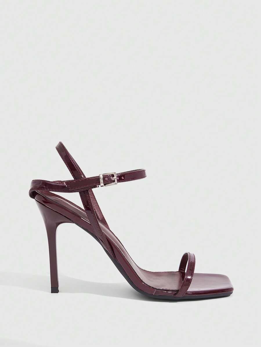 Women's metallic mirror finish square open toe stiletto high heel sandals with cross ankle straps and buckle closure
