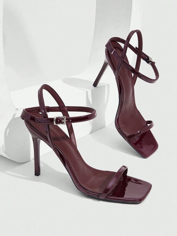 Women's metallic mirror finish square open toe stiletto high heel sandals with cross ankle straps and buckle closure