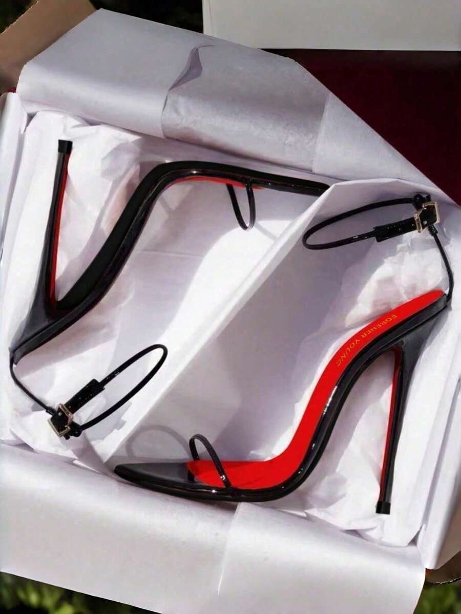 Women's high stiletto heel strap sandals featuring a sleek 12cm thin metal heel and PU leather buckle straps.