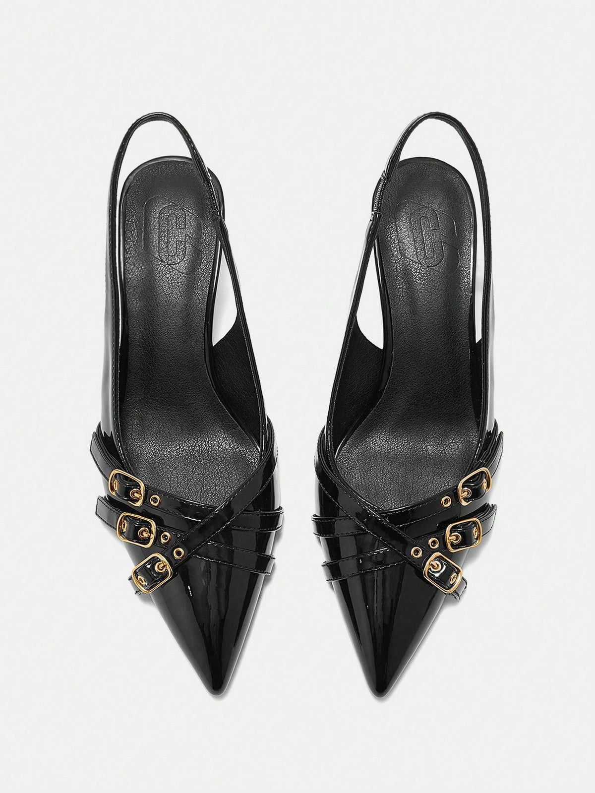 Pointed toe high heel backstrap sandals for women featuring criss cross straps with buckle detailing and a sleek stiletto heel.