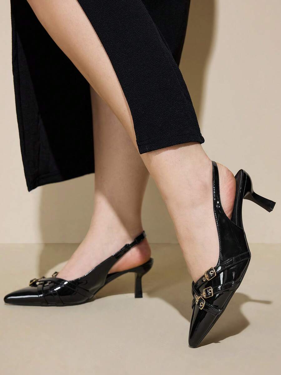 Pointed toe high heel backstrap sandals for women featuring criss cross straps with buckle detailing and a sleek stiletto heel.