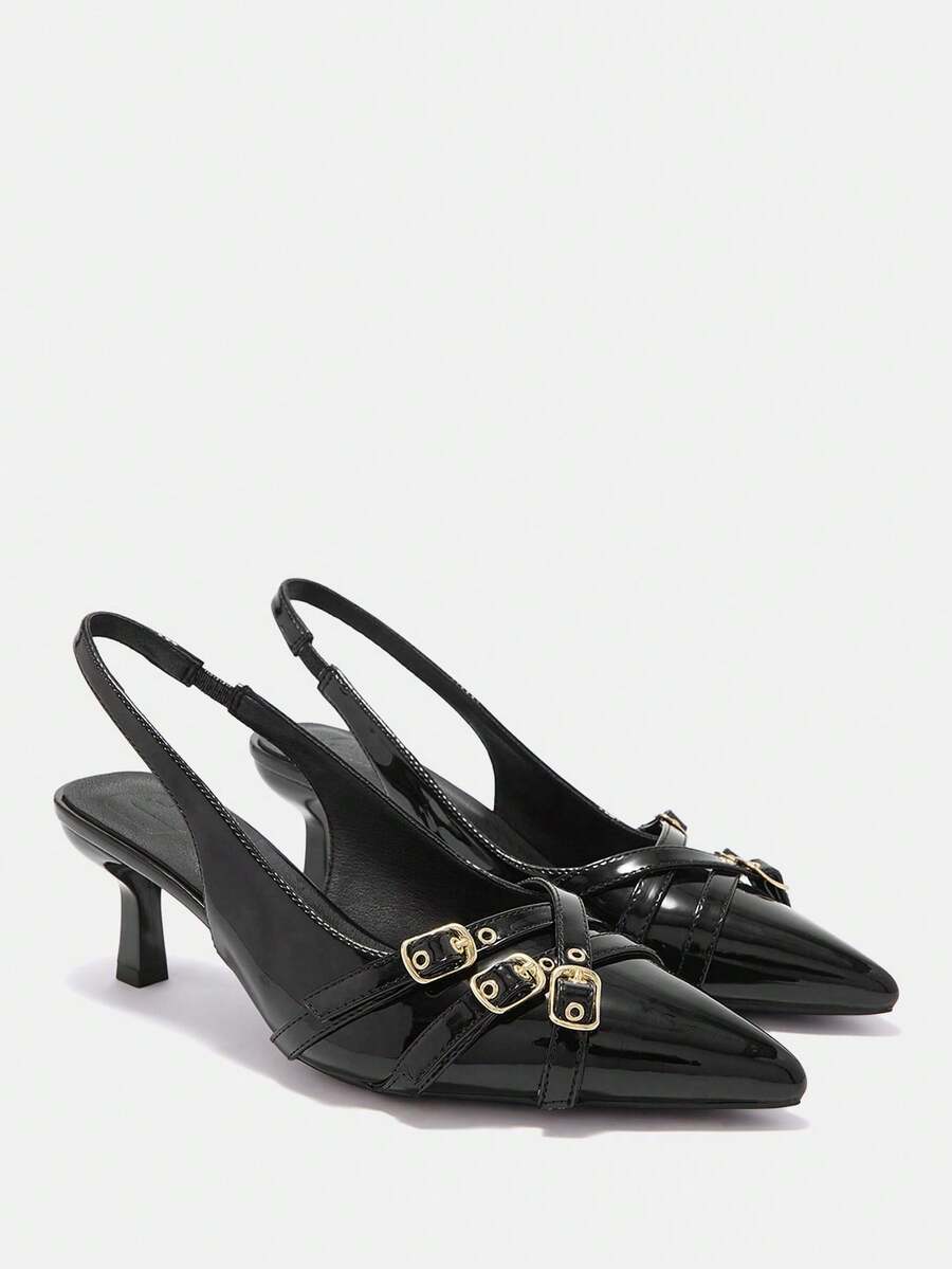 Pointed toe high heel backstrap sandals for women featuring criss cross straps with buckle detailing and a sleek stiletto heel.