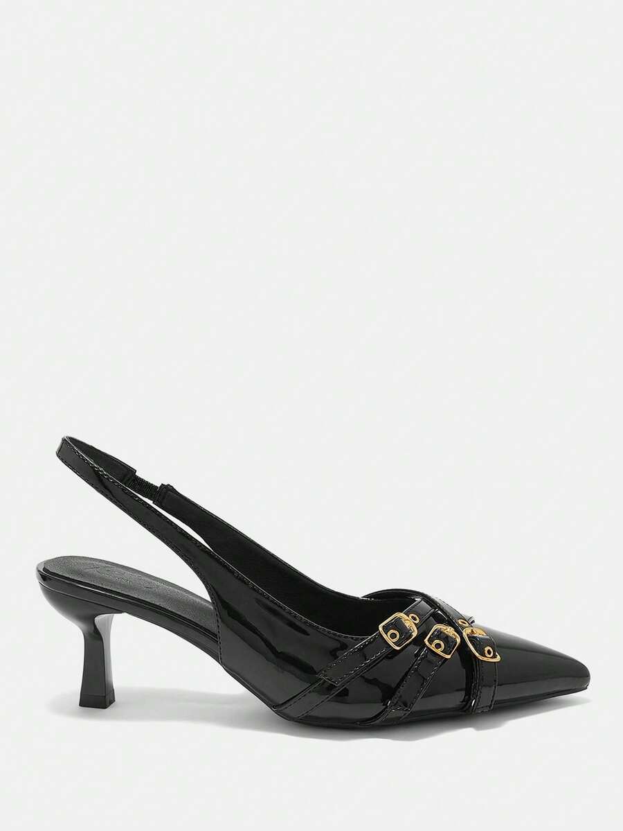 Pointed toe high heel backstrap sandals for women featuring criss cross straps with buckle detailing and a sleek stiletto heel.