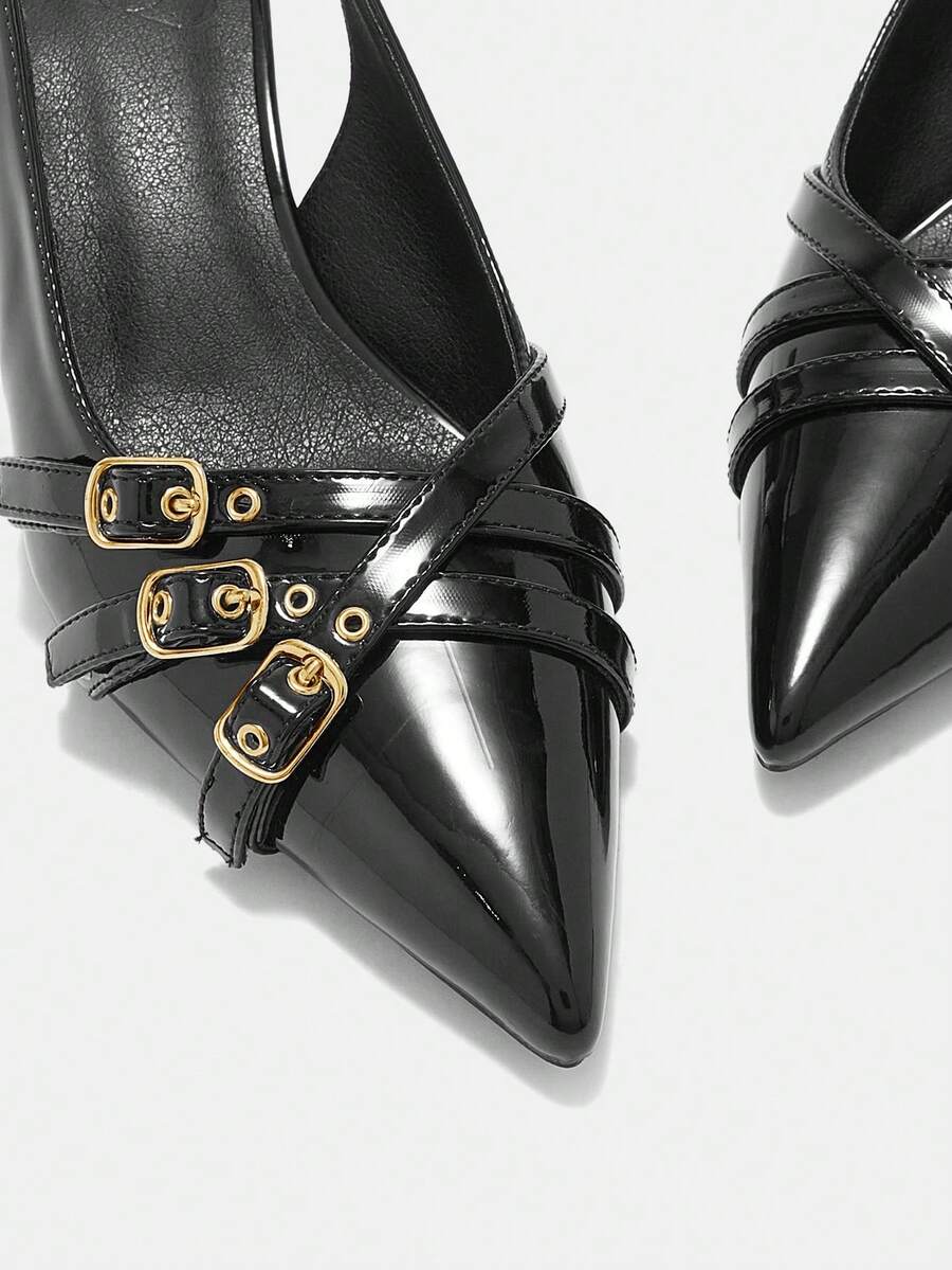 Pointed toe high heel backstrap sandals for women featuring criss cross straps with buckle detailing and a sleek stiletto heel.