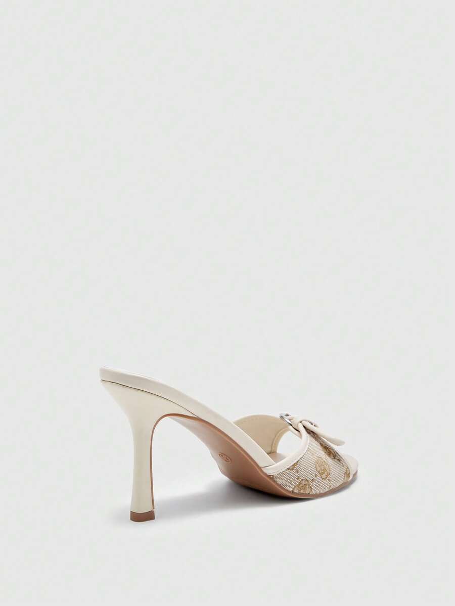 Brown PU leather open round toe high heel mule sandals with gold buckle detail and grommet eyelets for women
