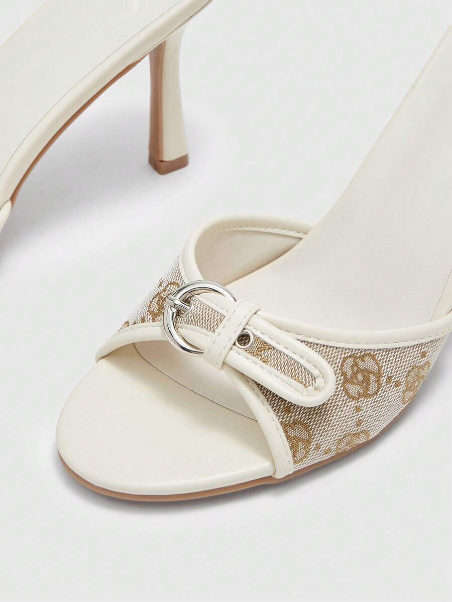 Brown PU leather open round toe high heel mule sandals with gold buckle detail and grommet eyelets for women