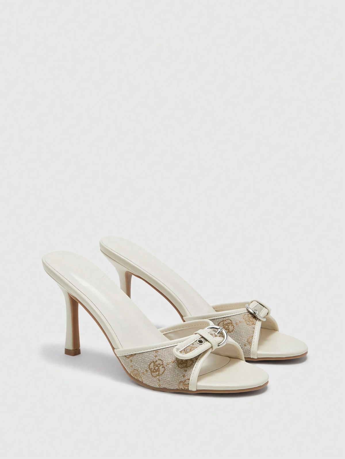 Brown PU leather open round toe high heel mule sandals with gold buckle detail and grommet eyelets for women