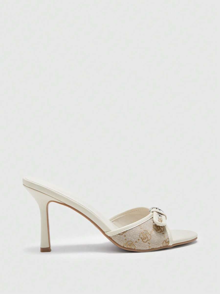 Brown PU leather open round toe high heel mule sandals with gold buckle detail and grommet eyelets for women