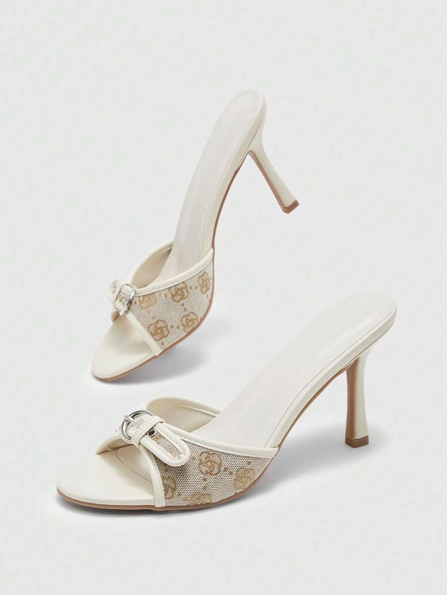 Brown PU leather open round toe high heel mule sandals with gold buckle detail and grommet eyelets for women