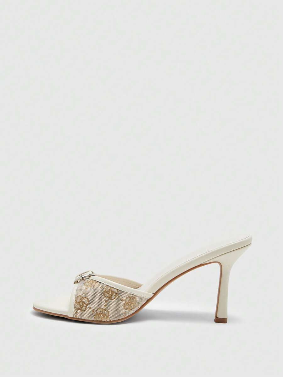 Brown PU leather open round toe high heel mule sandals with gold buckle detail and grommet eyelets for women