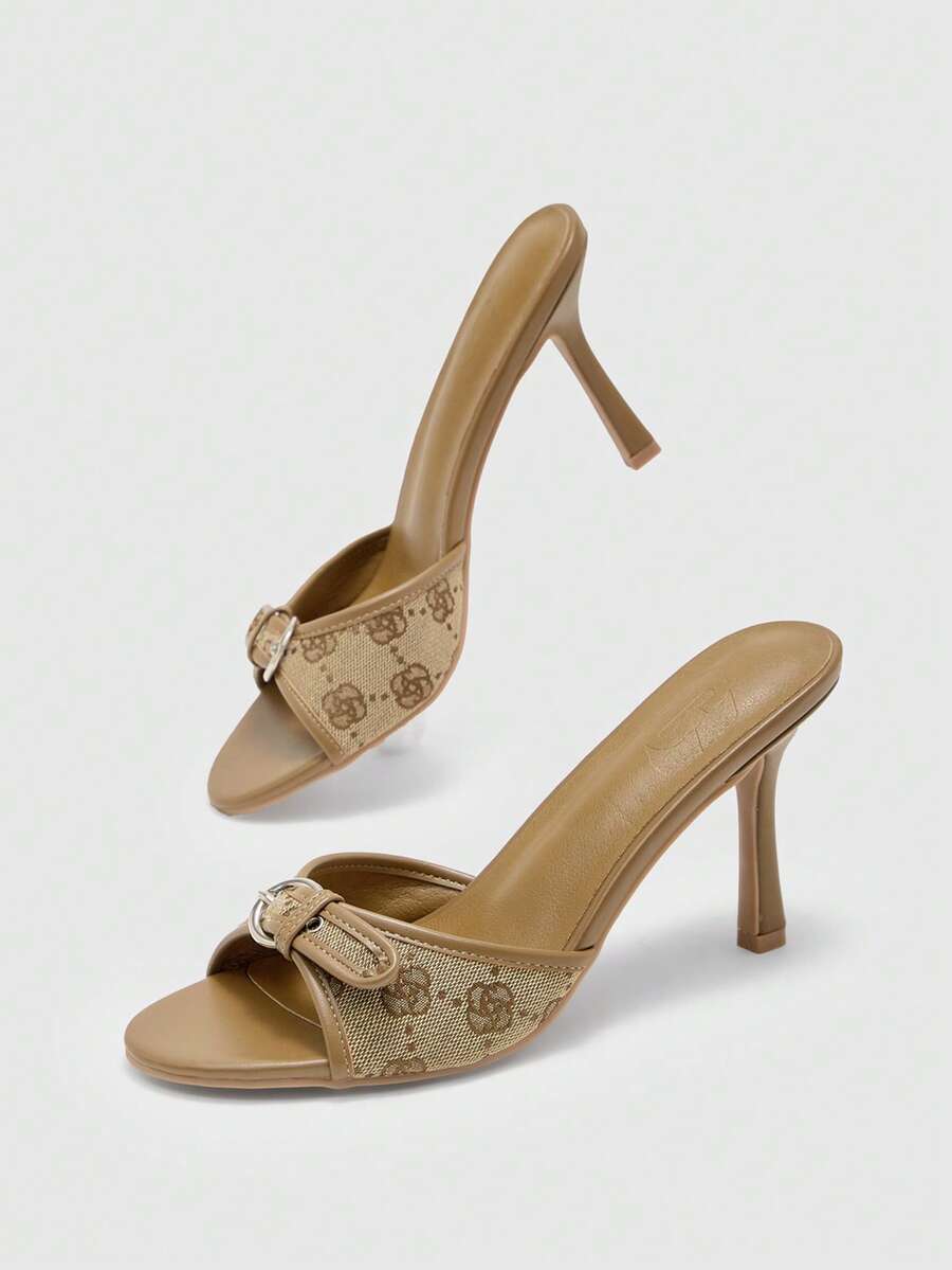 Brown PU leather open round toe high heel mule sandals with gold buckle detail and grommet eyelets for women