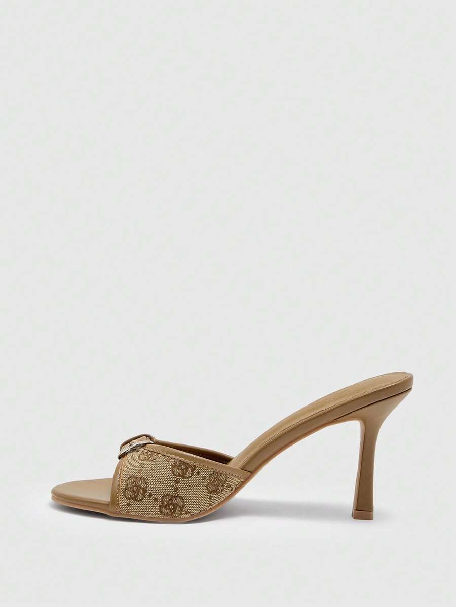 Brown PU leather open round toe high heel mule sandals with gold buckle detail and grommet eyelets for women
