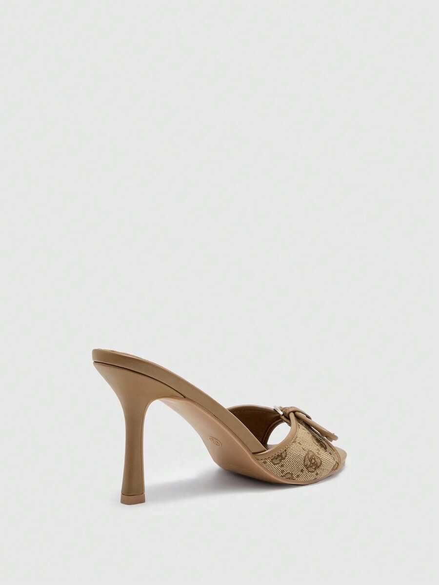 Brown PU leather open round toe high heel mule sandals with gold buckle detail and grommet eyelets for women