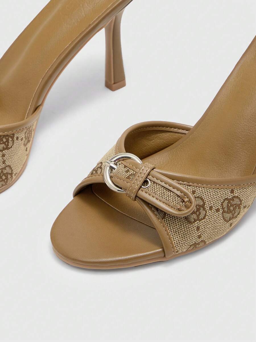 Brown PU leather open round toe high heel mule sandals with gold buckle detail and grommet eyelets for women