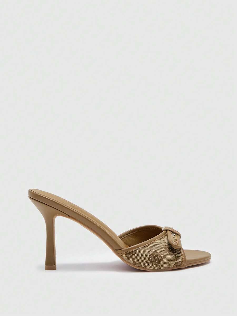 Brown PU leather open round toe high heel mule sandals with gold buckle detail and grommet eyelets for women
