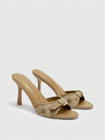 Brown PU leather open round toe high heel mule sandals with gold buckle detail and grommet eyelets for women