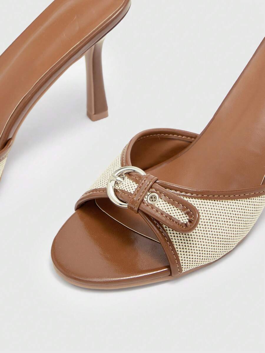 Brown PU leather open round toe high heel mule sandals with gold buckle detail and grommet eyelets for women
