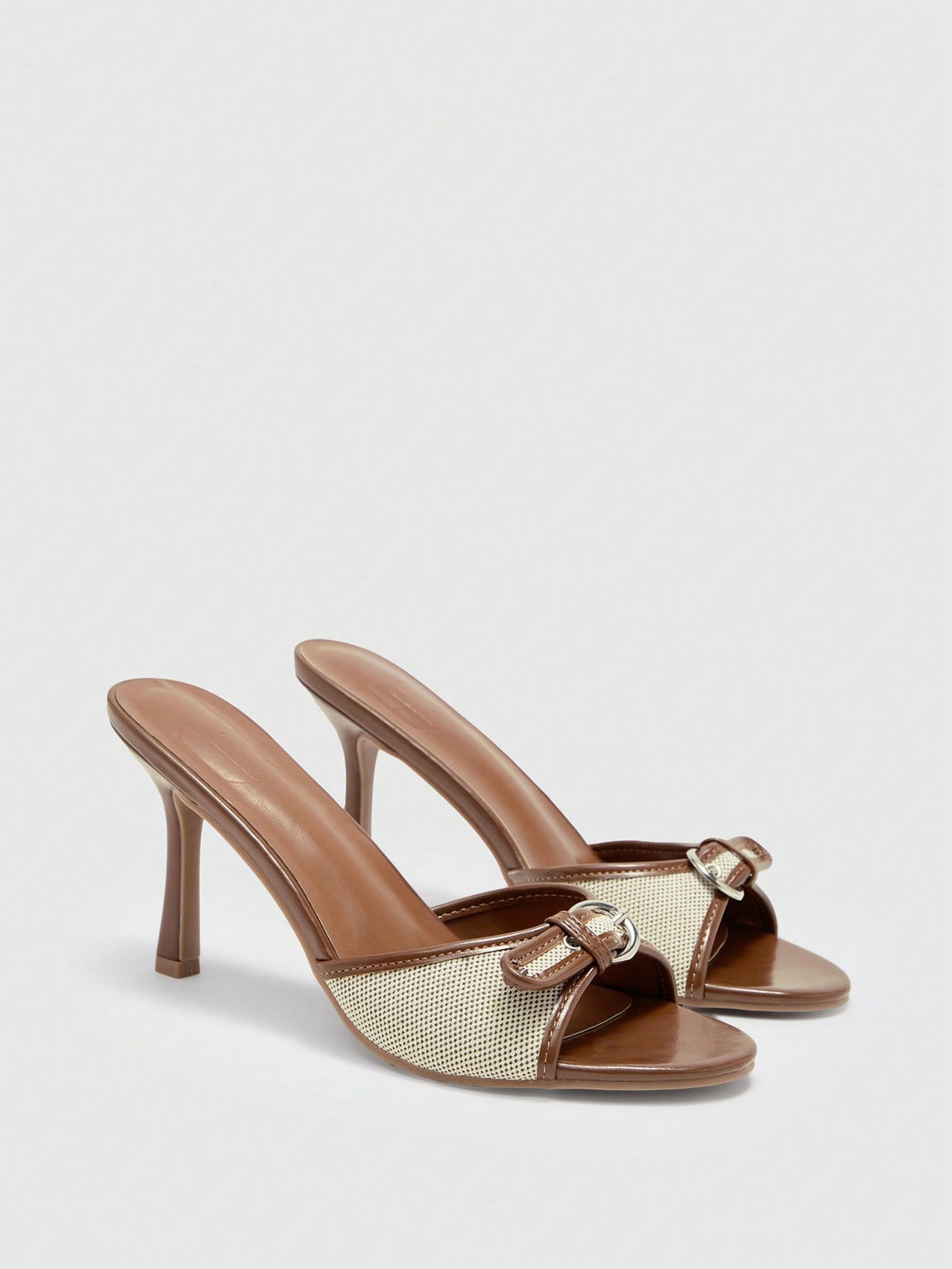 Brown PU leather open round toe high heel mule sandals with gold buckle detail and grommet eyelets for women