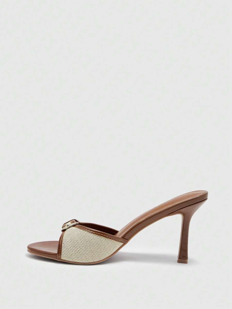 Brown PU leather open round toe high heel mule sandals with gold buckle detail and grommet eyelets for women
